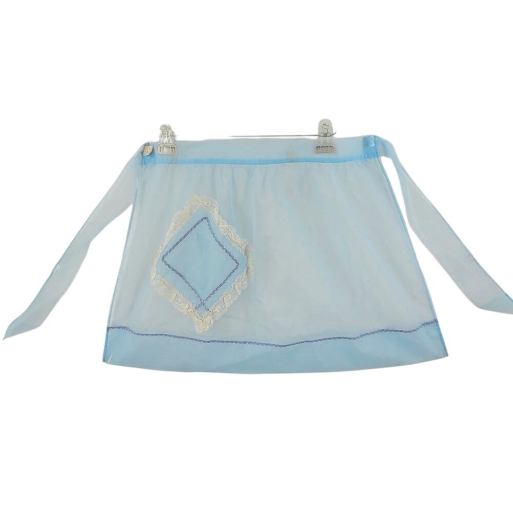 Vintage‎ 1950s Blue Sheer Applique Half Hostess Apron Cottage Coquette Gift
